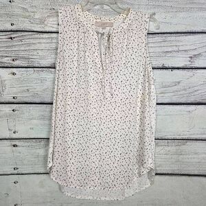LOFT M White Black Print Tie Neck Sleeveless Top